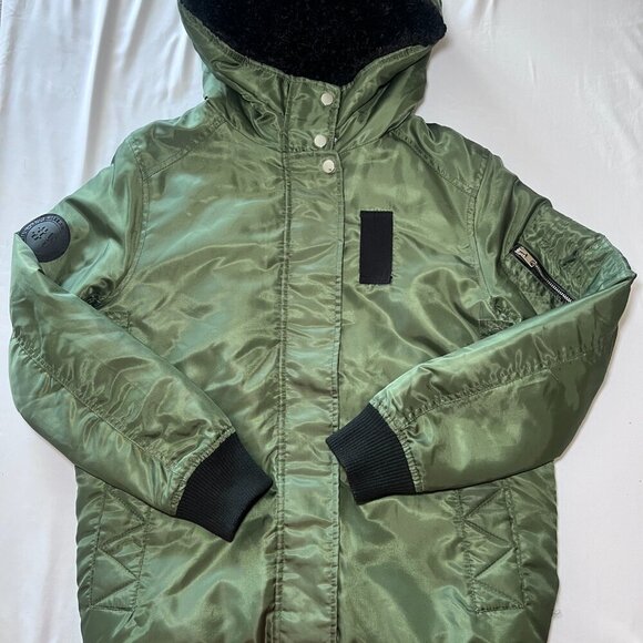 ZARA Woman Hoodie Bomber Jacket Green Sherpa Lined Faux Leather Trim Size Small - Picture 1 of 9